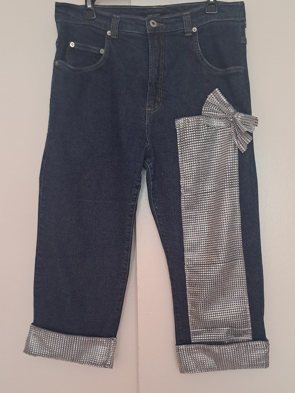 Karen Kane Embellished Dark Wash Jeans with Rhinestone Bow Accent
